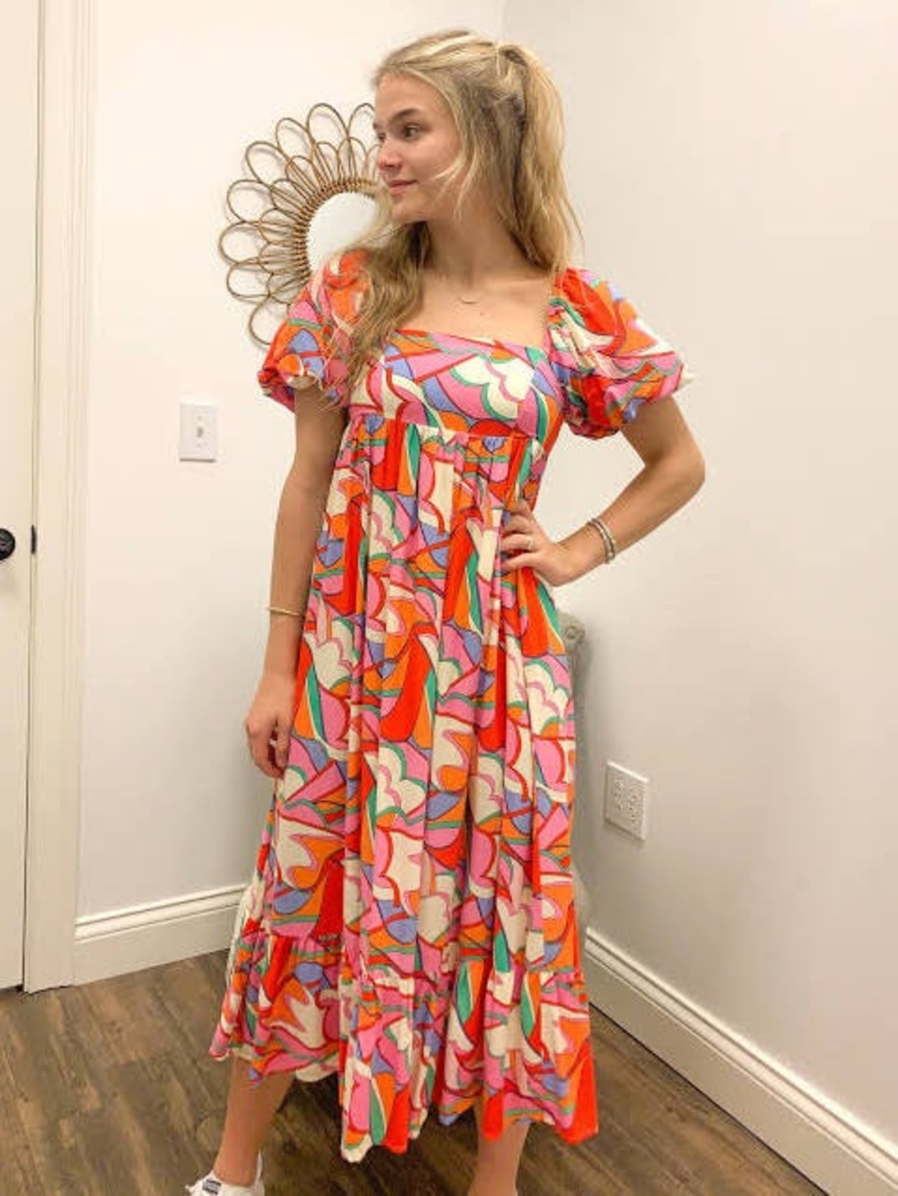 Storia Orange Pink Multi-Print Puff Sleeve Maxi Dress Size Medium